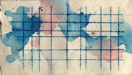 Watercolor abstract. Blue grid overlaying a blend of blue, pink, and red hues on textured paper