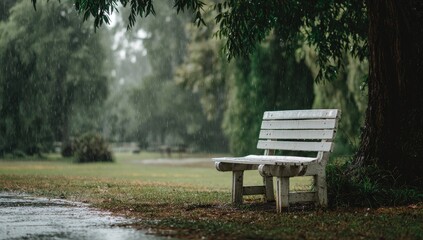 A weathered white bench under a tree during a rain shower in a park