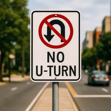 Road sign indicating no u-turn allowed in urban area