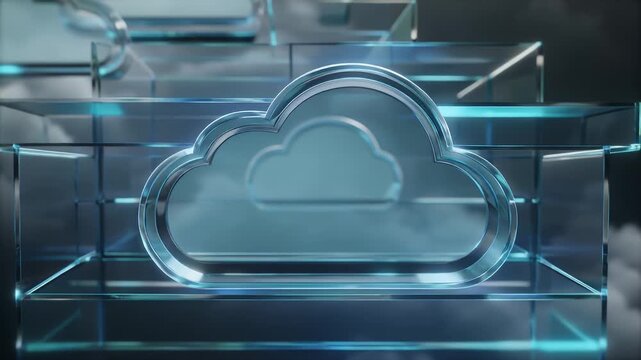 A 3D rendered cloud shape framed in transparent blocks, set against a cloudy backdrop, creating a futuristic digital atmosphere