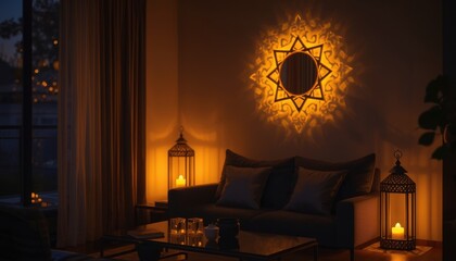 Cozy Living Room with Lanterns and Decor.