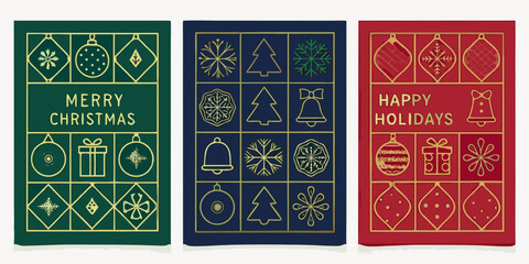 Festive christmas card designs with golden ornaments and holiday greetings