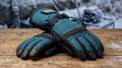 Pair of Teal and Black Insulated Winter Gloves on Wooden Surface
