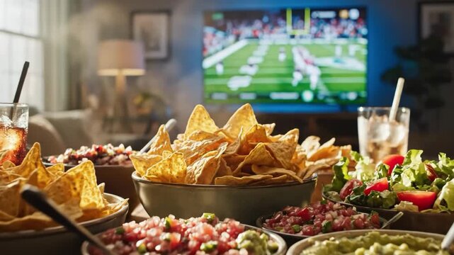 Variety of snacks and drinks on a table in front of a tv
