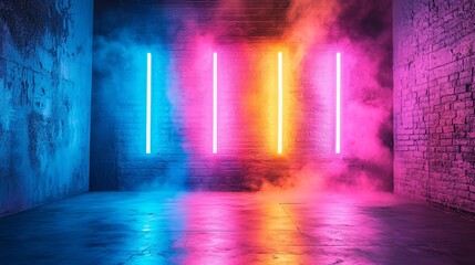 Obraz premium An empty room with concrete floor and brick walls illuminated by bright neon lights in blue, yellow, and pink hues, filled with swirling atmospheric smoke and fog, creating a vibrant, energetic, and