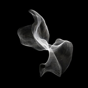 Abstract white lines forming a flowing, dynamic shape against a stark, black background