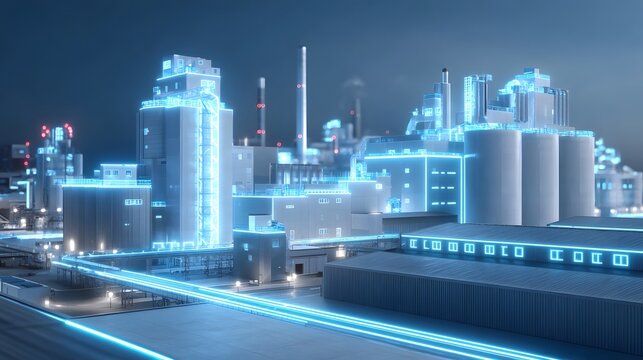 Modern smart factory or industrial complex with glowing blue digital pathways and architectural highlights representing advanced technological infrastructure and innovation