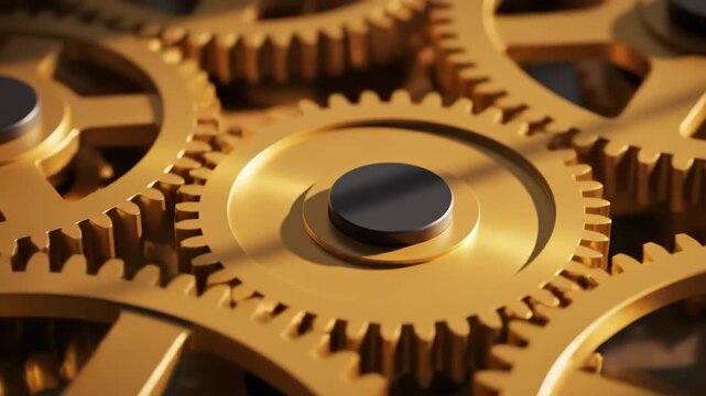 Golden gears interlocking mechanism with black circles on top
