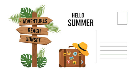 Tropical hello summer postcard design featuring a wooden directional signpost palm leaves and a vintage travel suitcase with a hat.