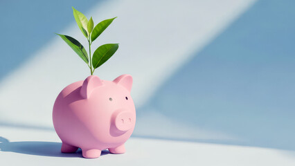 Savings Growth Concept with Pink Piggy Bank and Green Plant on Minimal Background | piggy bank with green leaves | piggy bank with green plant | pink piggy bank