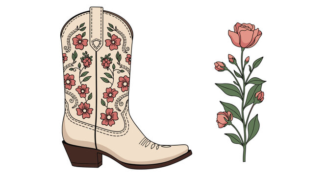 Beautiful cream colored cowboy boot with pink floral embroidery shown next to a matching rose flower stem for western feminine style.
