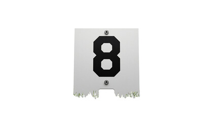A metal house number eight sign on transparent background