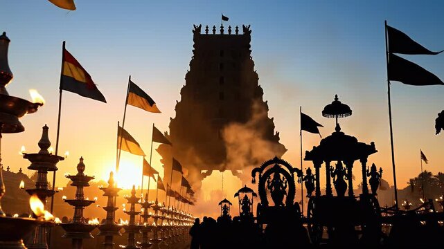 Vaikasi Brahmotsavam temple gopuram background with sunrise gold to sky blue gradient