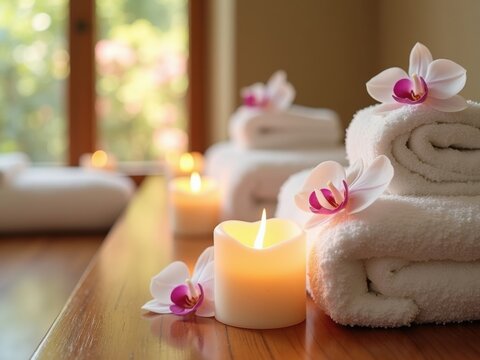 Ambiente de spa sereno con delicadas velas de color crema que parpadean suavemente y liberan un aroma relajante de aceites esenciales de lavanda