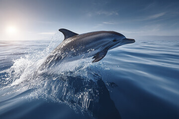 Fototapeta premium Dolphin leaping from calm blue ocean with water splash and sunlight reflecting on smooth sea surface under clear sky