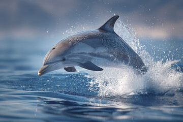 Fototapeta premium Dolphin leaping from calm blue ocean with water splashing around, showing smooth skin and dynamic motion in natural marine environment