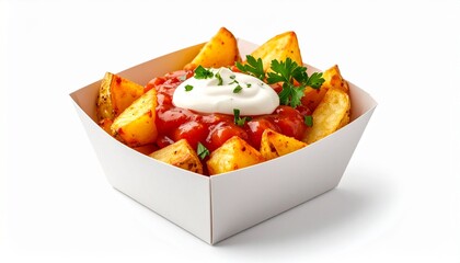 takeaway box of spanish fried potatoes patatas bravas sauce