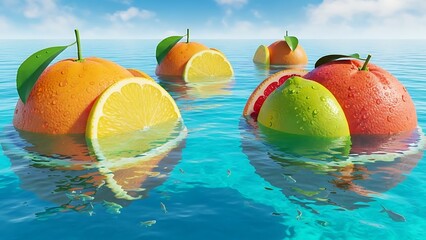Oranges and Slices Floating in Vibrant Blue Water