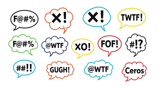 Collection of colorful speech bubbles featuring comic style expletive symbols and common internet abbreviations like WTF and XO.
