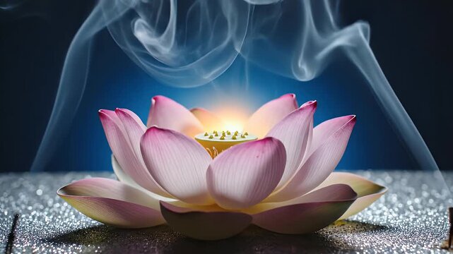 Varuthini Ekadashi glowing lotus background with incense smoke and cool blue to silver gradient