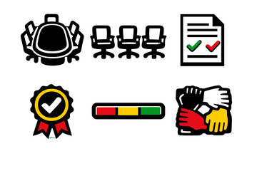 Brutalist Consensus Icons. Organizational consensus icon set in silhouette bold style. Contain boardroom table, meeting chairs, consensus document, agreement seal, progress bar, unity symbol