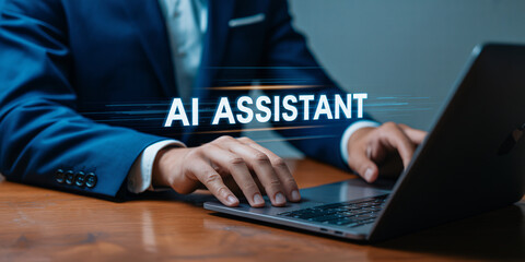 Businessman using AI assistant on laptop in modern office setting