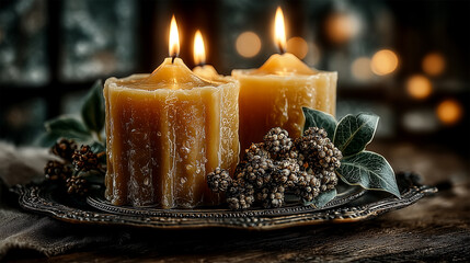 Burning candles arrangement on a wooden table with bokeh background - ai generative