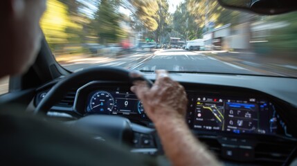 Teacher supervising autonomous mode demonstration on a test loop track clear view of dashboard controls with background softly blurred.