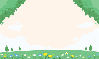 Spring landscape background with green leaf frame and flower meadow