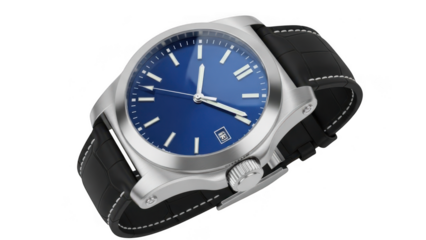 Modern silver watch with blue face and black leather strap isolated on transparent background
