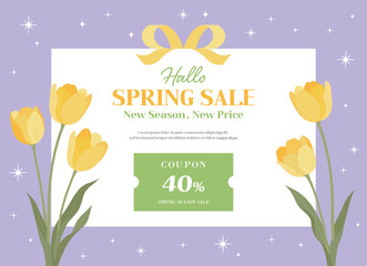 Spring sale promotion banner with yellow tulips and a coupon. Elegant floral design on a purple background with stars. Ideal for seasonal marketing, fashion retail, and social media ads.