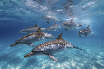 Fototapeta premium Dolphin pod swimming underwater in clear blue ocean with sunlight reflections creating peaceful and serene marine scene full of life and movement