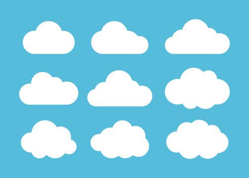 Set of nine simple white cloud icons in various fluffy shapes on a bright blue background. Minimalist flat vector illustration perfect for weather apps, web design, and children's book backgrounds.