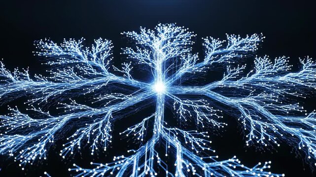 A decorative blue crystal snowflake vector illustration set on a black background for a cold winter Christmas holiday celebration design