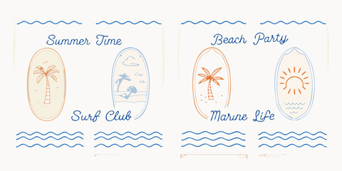 Summer themed surfboard designs with tropical elements and ocean wave motifs © Bithi
