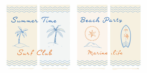 Summer themed banners with beach elements like palm trees and surfboards © Bithi