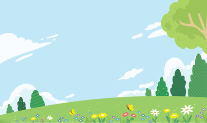 Sunny day field landscape with trees and butterfly