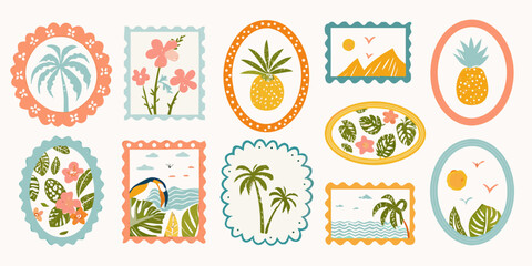 Collection of colorful vintage style postage stamps featuring tropical plants and scenes