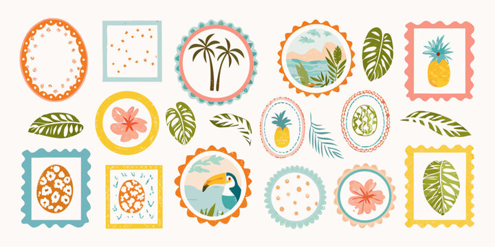 A collection of colorful tropical themed stickers and frame designs