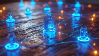 A network of blue glowing connections and beakers on a wooden surface, illuminated with orange lights, viewed from a low angle.