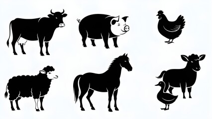 Fototapeta premium Siluetas de animales de granja: vaca, cerdo, pollo, caballo, oveja, pato