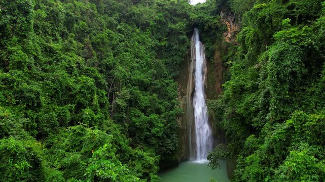 Drone captures a scenic tropical waterfall deep in the rainforest, highlighting the vibrant greenery and serene natural pool below
