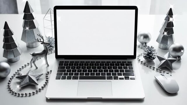 A black and white silver laptop computer notebook with an open blank screen and keyboard isolated for business technology and digital network communication in an office