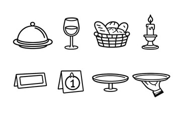 Elegant Dining Icons. Restaurant diningset in outline vector style menu card, cloche, wine glass, bread basket, candle, reservation tag, table number, server tray