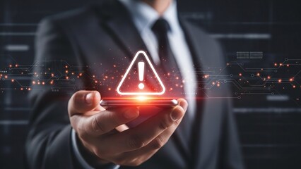 Unrecognized Businessman Using Smartphone with Rising Digital Alert Symbol for Cyber Security and Data Breach Concept