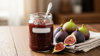Fig jam in a jar beside fresh figs on a wooden table  