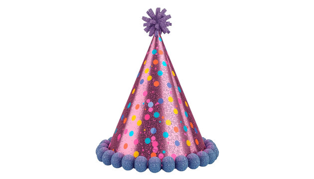 A pink party hat with colorful polka dots and a purple snowflake on top sits on a transparent background