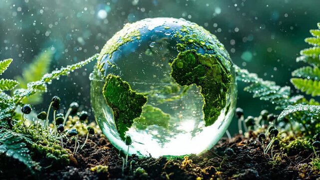 Glass globe with moss continent on forest floor among fern and mushroom. Crystal sphere shows green earth with moss. Globe sits on forest soil with fern. Moss continent inside glass sphere.