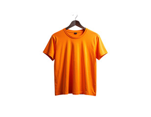 Front View Orange T-Shirt Hanging on Hanger, Transparent Background