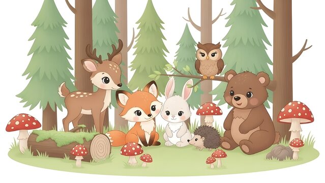 Animales salvajes del bosque.
 Oso, ardilla y ciervo, castor y liebre, p&aacute;jaro carpintero y setas, abeto y abedul, bayas.
 Conjunto de vectores de animales de bosque lindo beb&eacute;